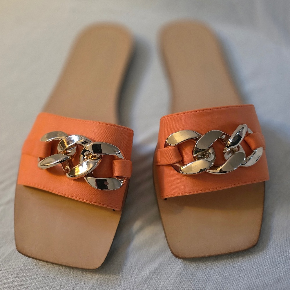 Orange leather sandals with chainlink detail